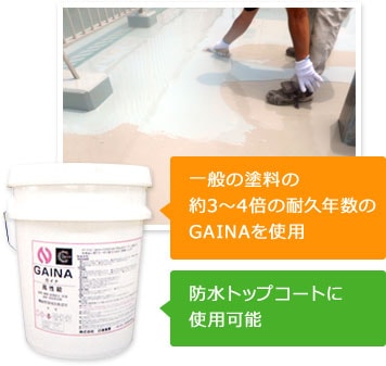 一般の塗料の約3〜4倍の耐久年数のGAINAを使用・防水トップコートに使用可能です